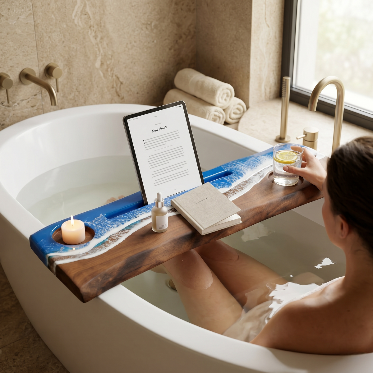 Doğal Ahşap Epoksi Küvet Tepsisi ve Spa Rafı