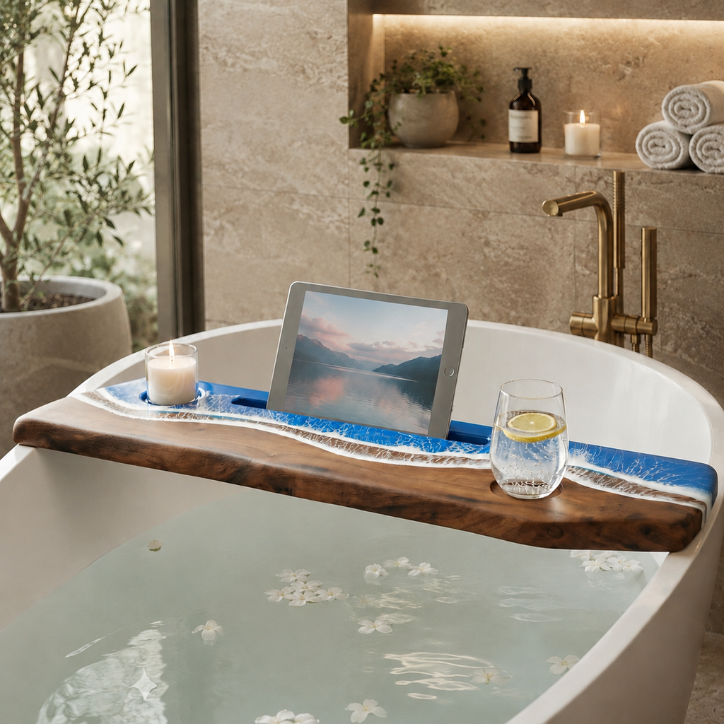 Doğal Ahşap Epoksi Küvet Tepsisi ve Spa Rafı
