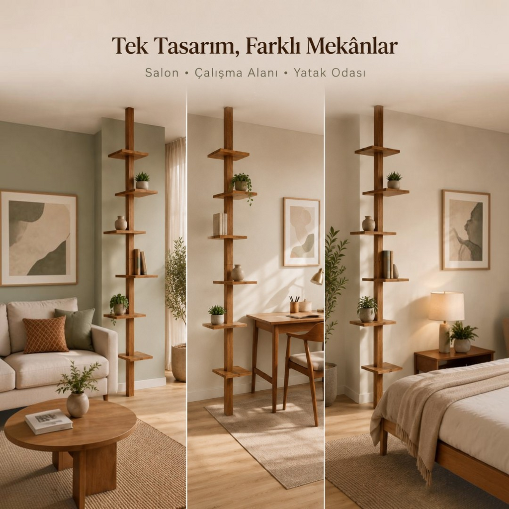 Yerden Tavana Ahşap 6 Raflı Modern Çok Amaçlı Raf