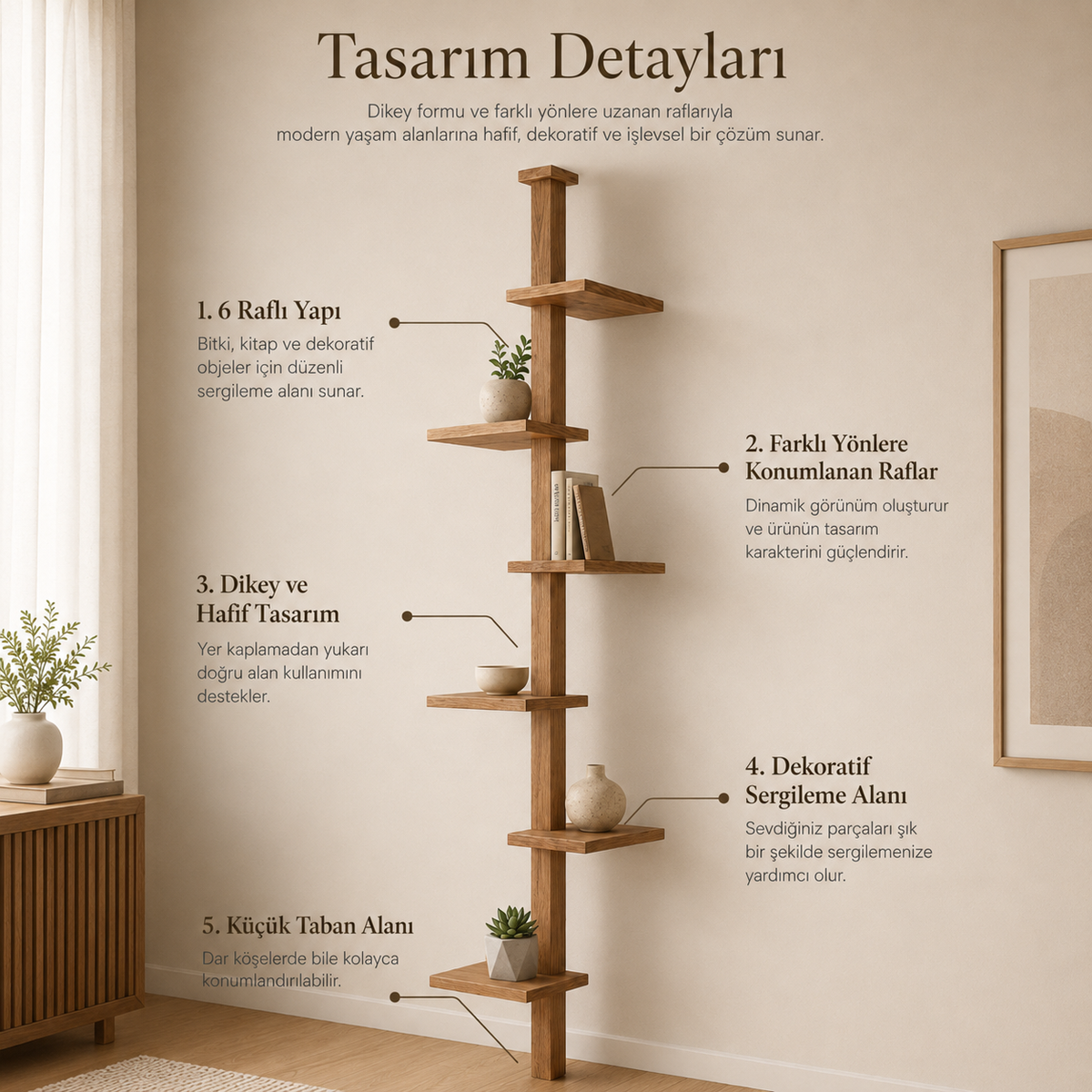 Yerden Tavana Ahşap 6 Raflı Modern Çok Amaçlı Raf