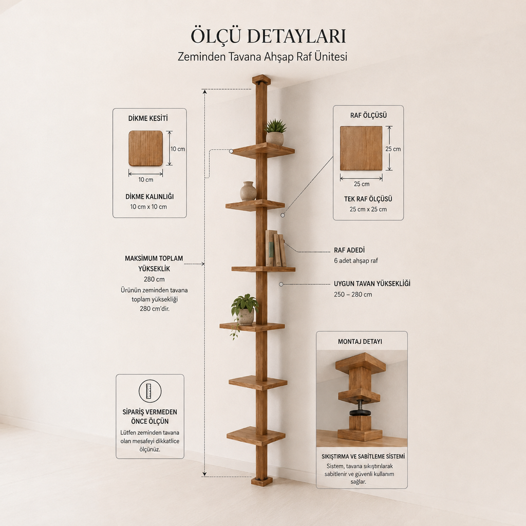 Yerden Tavana Ahşap 6 Raflı Modern Çok Amaçlı Raf