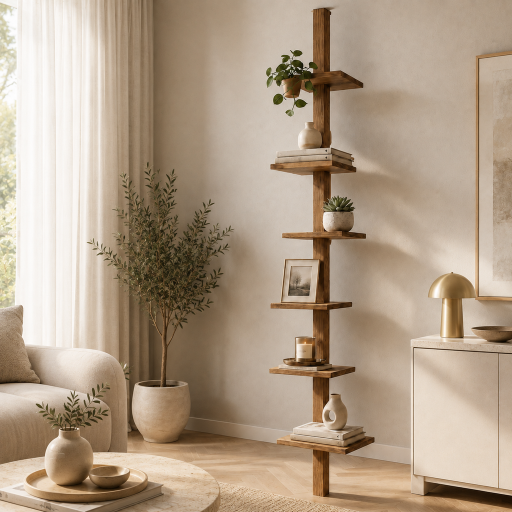 Yerden Tavana Ahşap 6 Raflı Modern Çok Amaçlı Raf