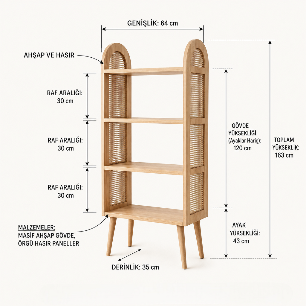 4 Raflı Rattan Ahşap Raf Ünitesi Depolama Standı
