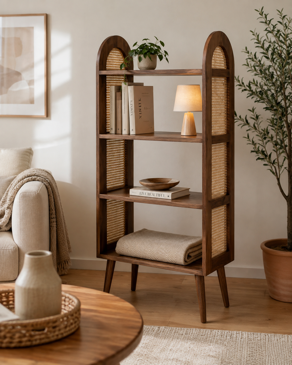 4 Raflı Rattan Ahşap Raf Ünitesi Depolama Standı