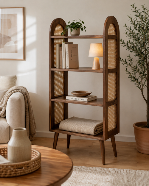4 Raflı Rattan Ahşap Raf Ünitesi Depolama Standı