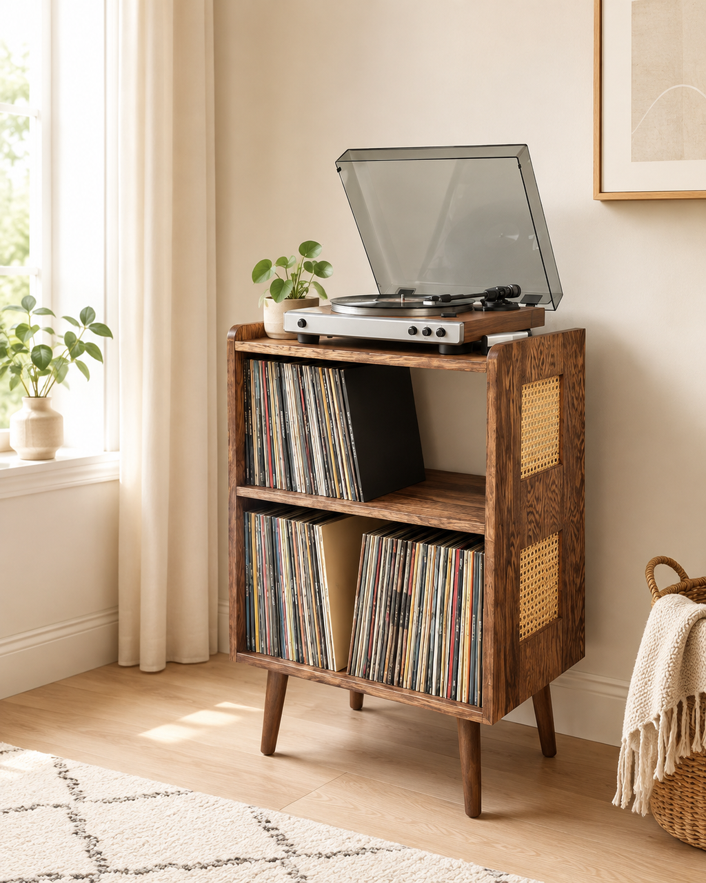 Rattan Detaylı Ahşap Depolama Dolabı Çok Amaçlı Konsol