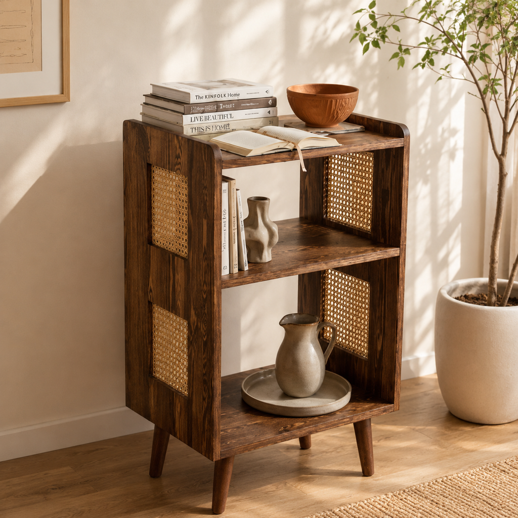 Rattan Detaylı Ahşap Depolama Dolabı Çok Amaçlı Konsol