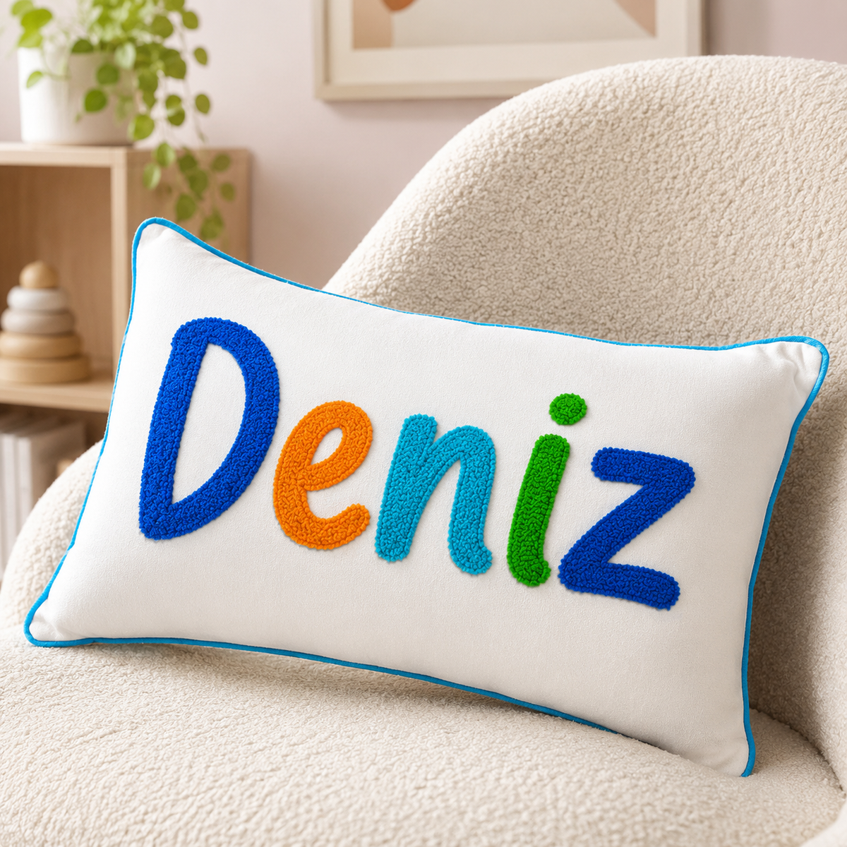 Biye Kenar Detaylı Kişiye Özel Punch İsim Yastığı