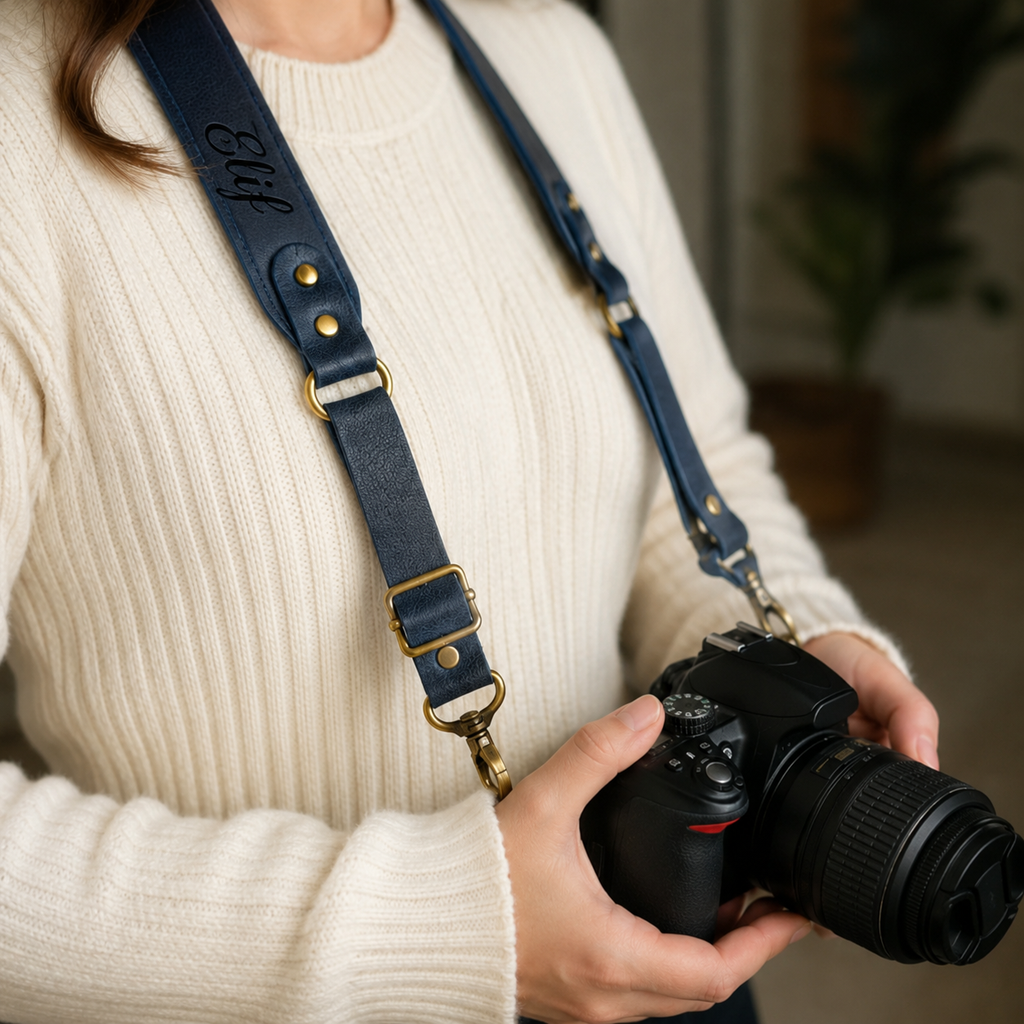 İsim İşlemeli Ayarlanabilir Deri Fotoğraf Makinesi Askısı