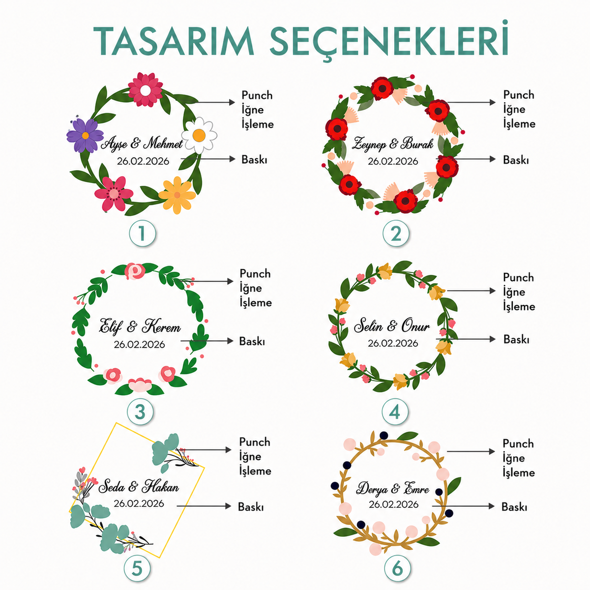 Çiftlere Özel İsim ve Tarih Baskılı Çiçekli Punch Yastık