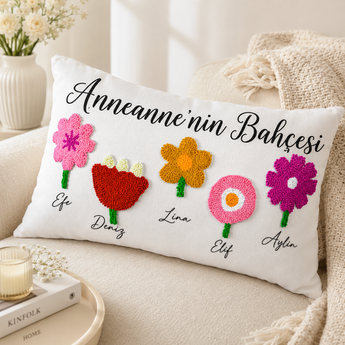 Doğum Ayı Çiçekli Torun İsimli Özel Anneanne Yastığı