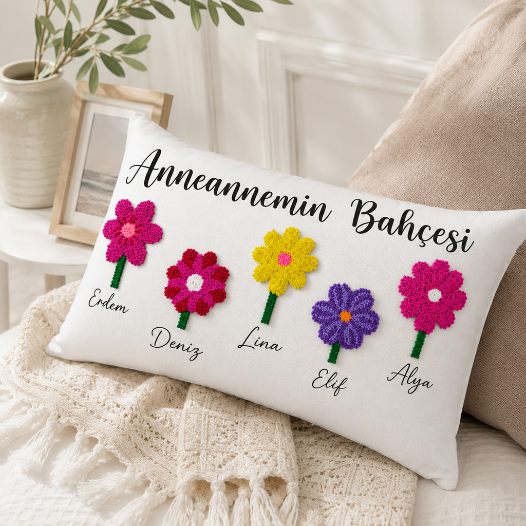 Doğum Ayı Çiçekli Torun İsimli Özel Anneanne Yastığı