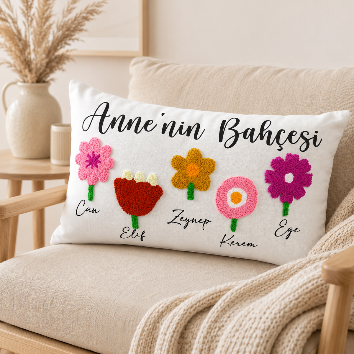 Kişiye Özel Aile Bahçesi Doğum Ayı Çiçekleri Yastığı