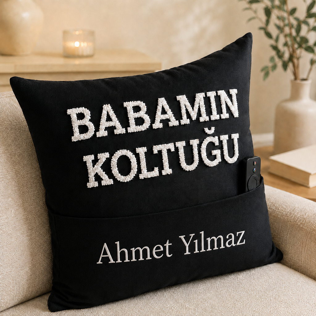 Babaya Özel İsimli Kumanda Cepli Koltuk Yastığı
