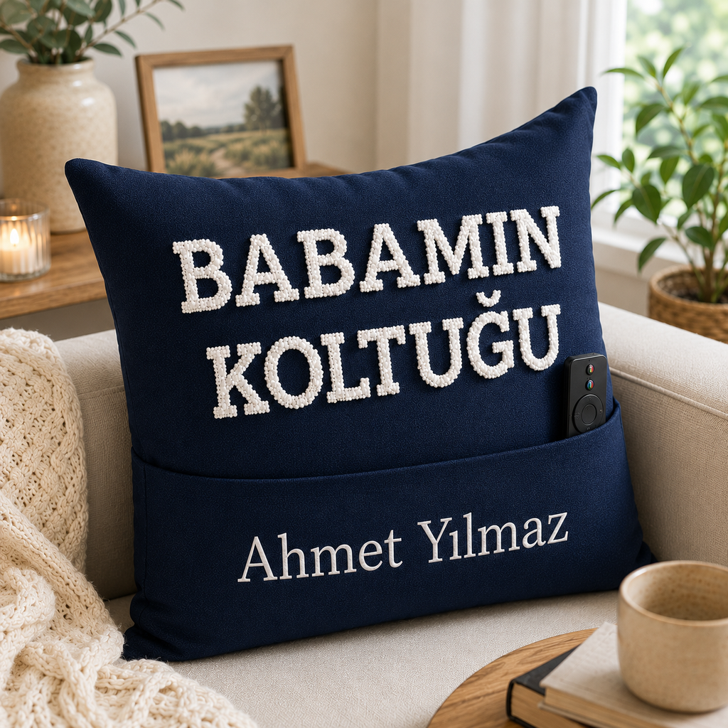 Babaya Özel İsimli Kumanda Cepli Koltuk Yastığı