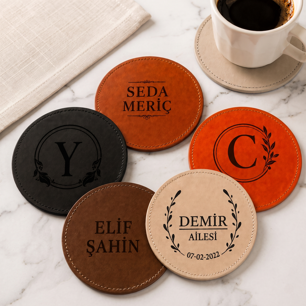 Hakiki Vegan Deri İsim Kazımalı Deri Bardak ve Kadeh Altlığı