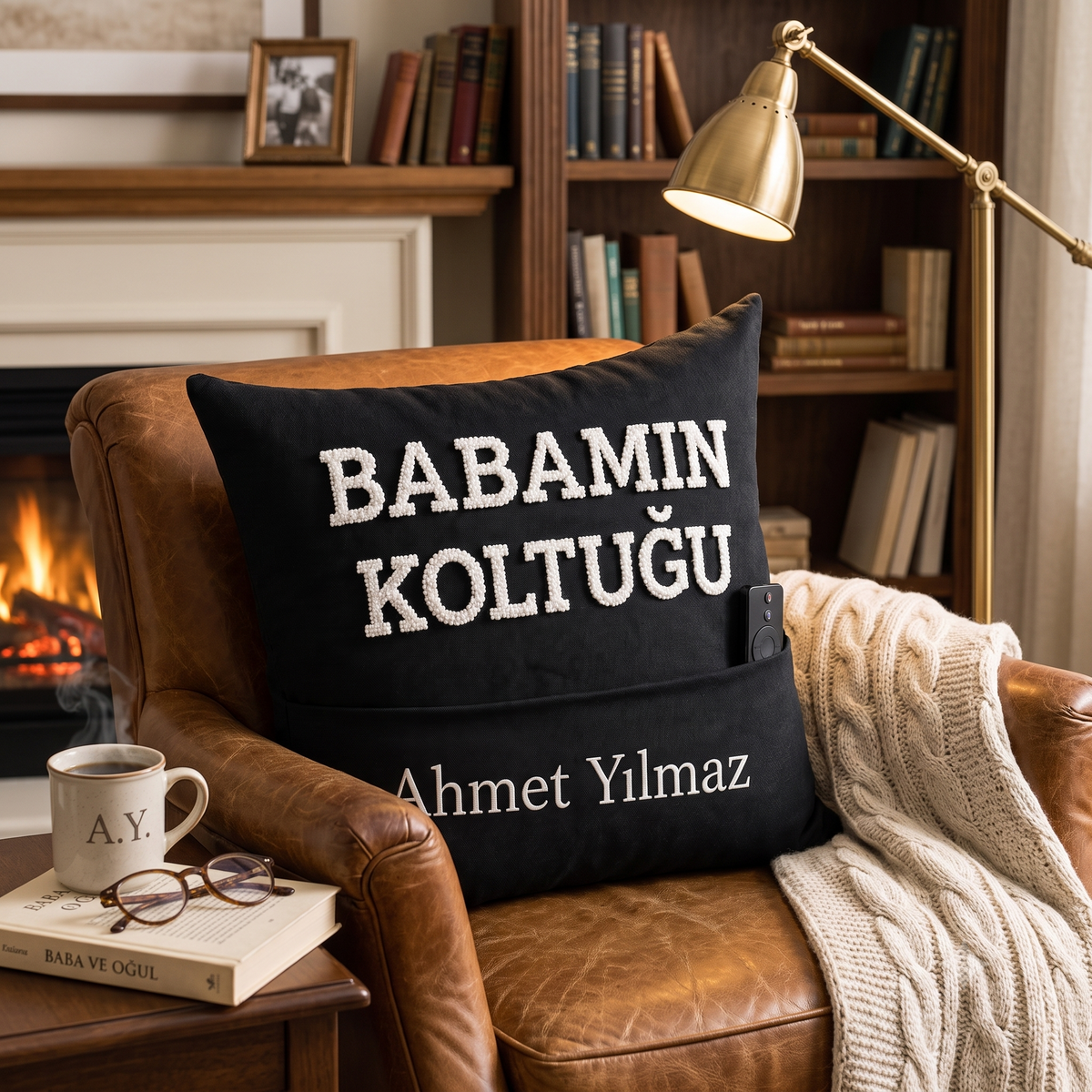 Babaya Özel İsimli Kumanda Cepli Koltuk Yastığı