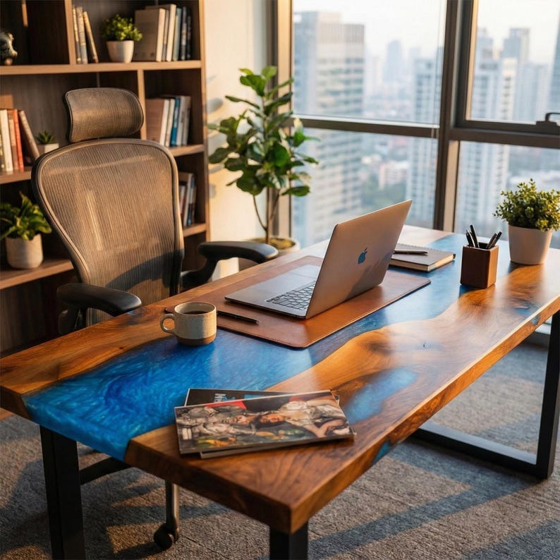 Epoksi Nehir Detaylı Özel Üretim Ahşap Ofis Masası