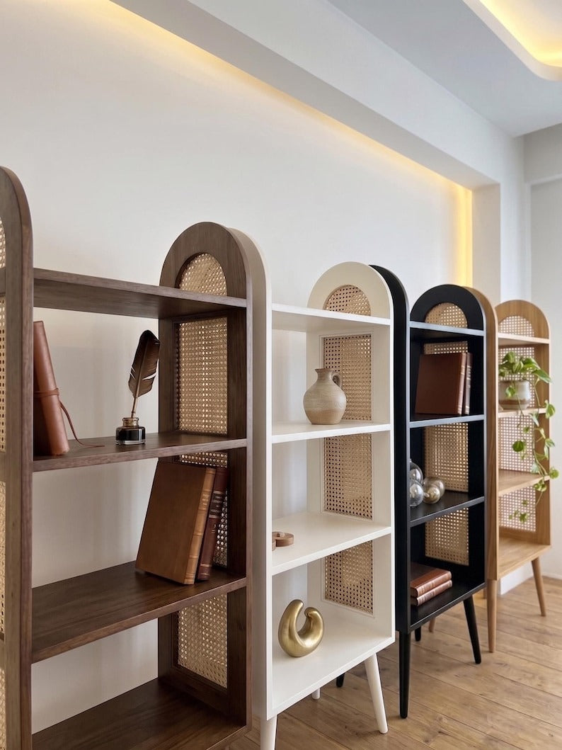 4 Raflı Rattan Ahşap Raf Ünitesi Depolama Standı