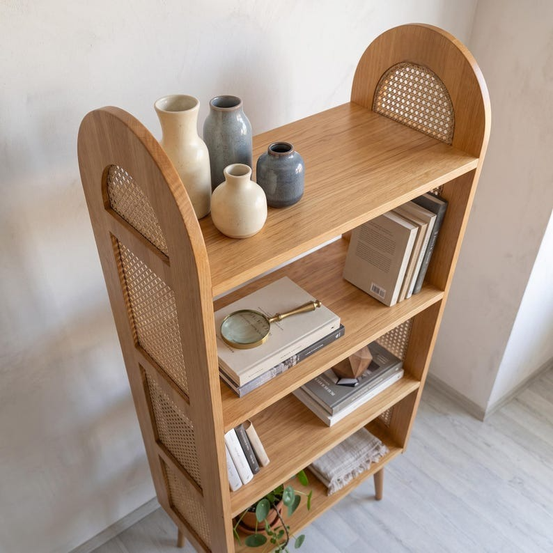 4 Raflı Rattan Ahşap Raf Ünitesi Depolama Standı