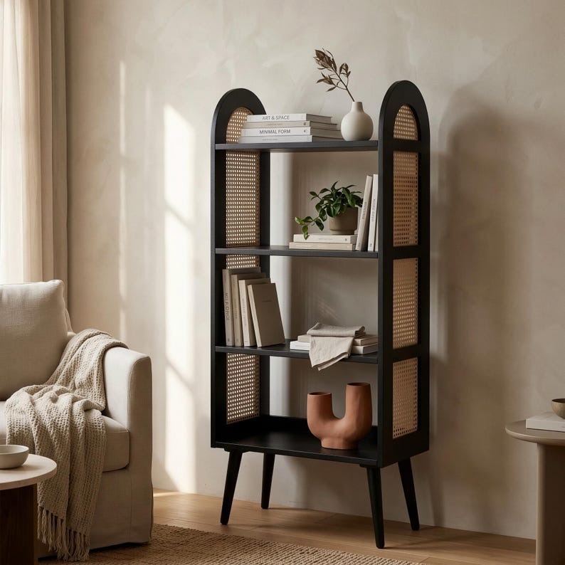 4 Raflı Rattan Ahşap Raf Ünitesi Depolama Standı
