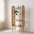 4 Raflı Rattan Detaylı Ahşap Kitaplık ve Dekor Ünitesi