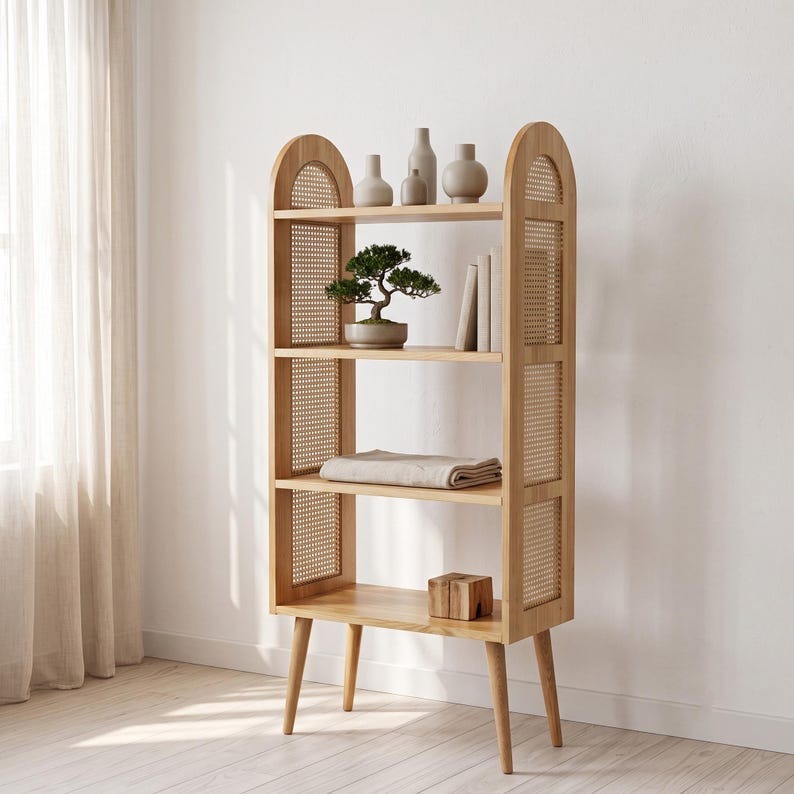 4 Raflı Rattan Detaylı Ahşap Kitaplık ve Dekor Ünitesi